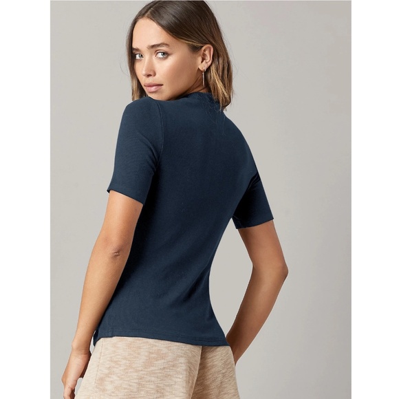 Blue Rib-Knit High Neck Short Sleeve Slim Fit Top Shirt - Picture 5 of 5